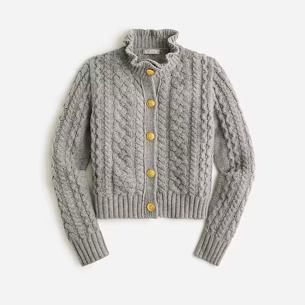 J. Crew Cable Knit Ruffle Neck Cardigan Sweater Gold Buttons Size XS BV351